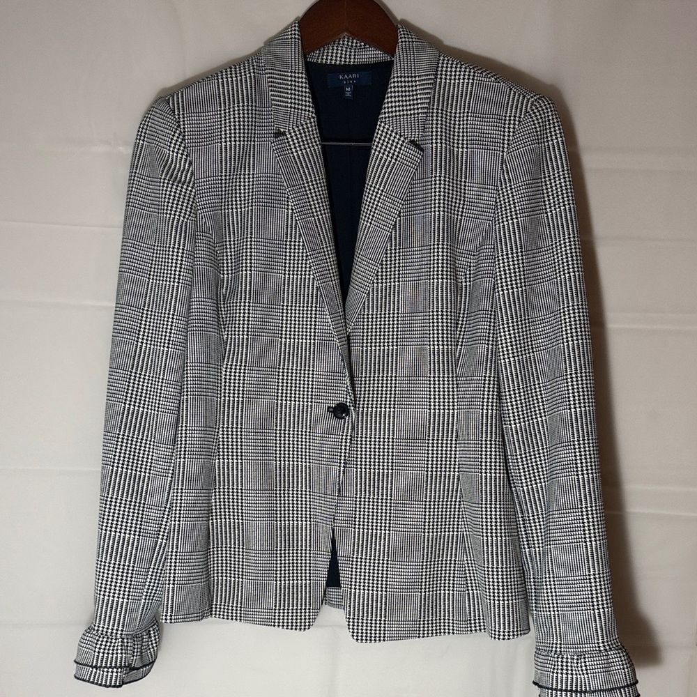 Kaari Blue - Black and White  Houndstooth Blazer with Ruffle Accents
